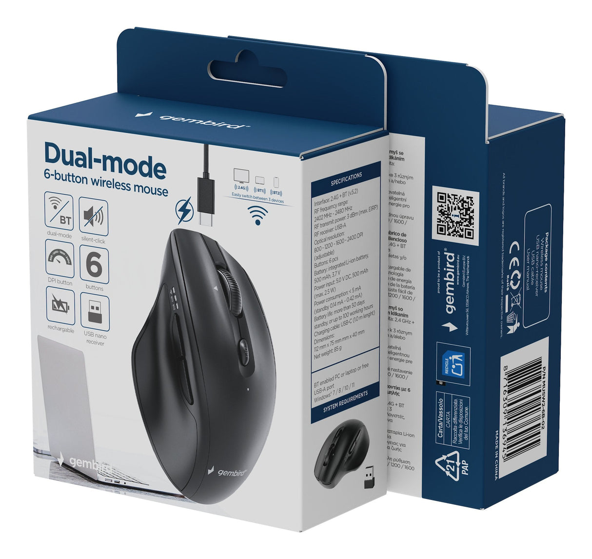 Gembird Dual-Mode 6-Button Wireless Mouse 2.4g + Bt Black