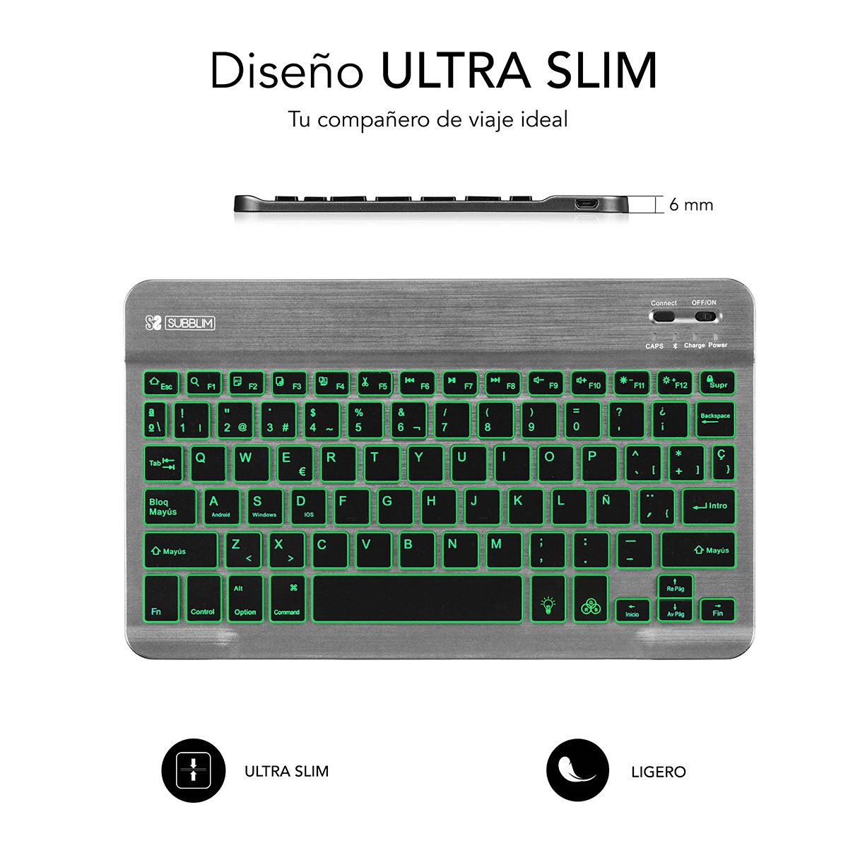 Teclado Bluetooth Subblim Sub-Kbt-Smbl31 Grey Bt3.0 Teclas Iluminadas Batería 420mah Compatible Multidispositivo