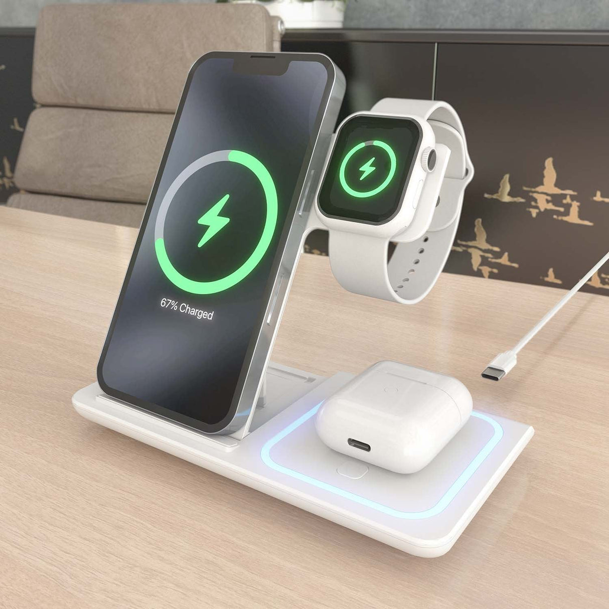 Aisens Cargador Inalambrico Usb-C 3 En 1 De 15w Para Movil, Apple Watch, Ariculares Con Estuche De Carga, Blanco