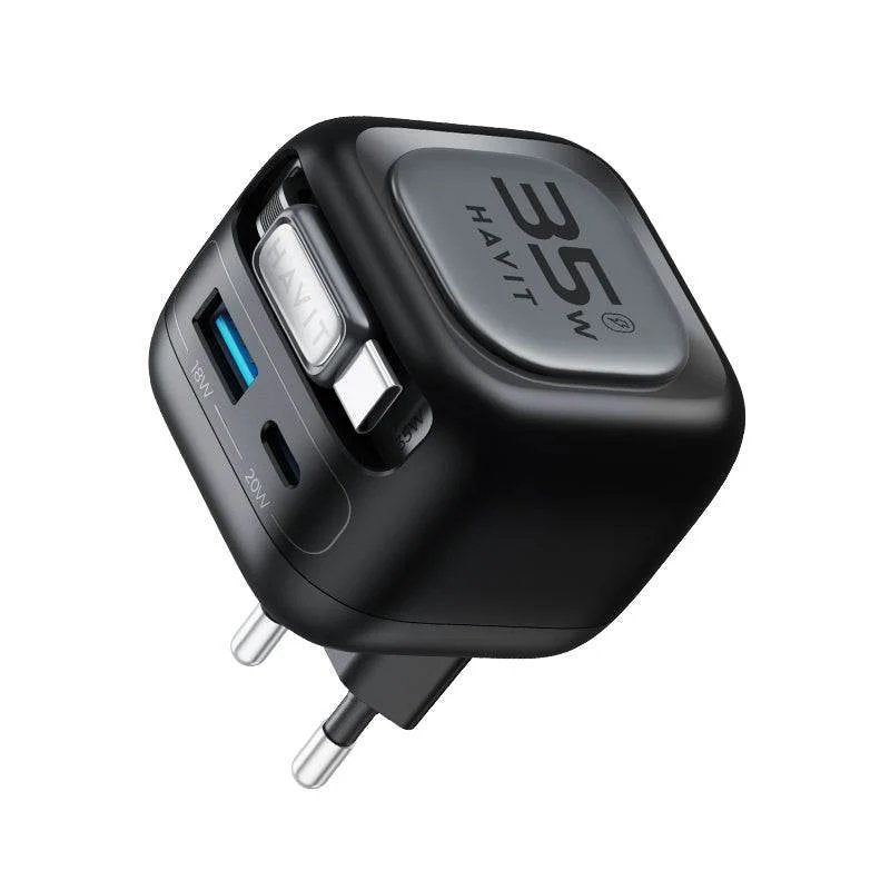 Havit Uc250 A-Eu - Cargador De Viaje Gan Con Cable Extensible (Negro)