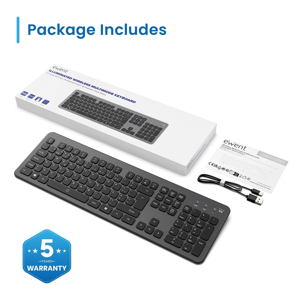 Ewent Teclado Inalambrico - Bateria De Litio Recargable De 300mah - Disposicion Portuguesa Qwerty Pt - Retroiluminacion