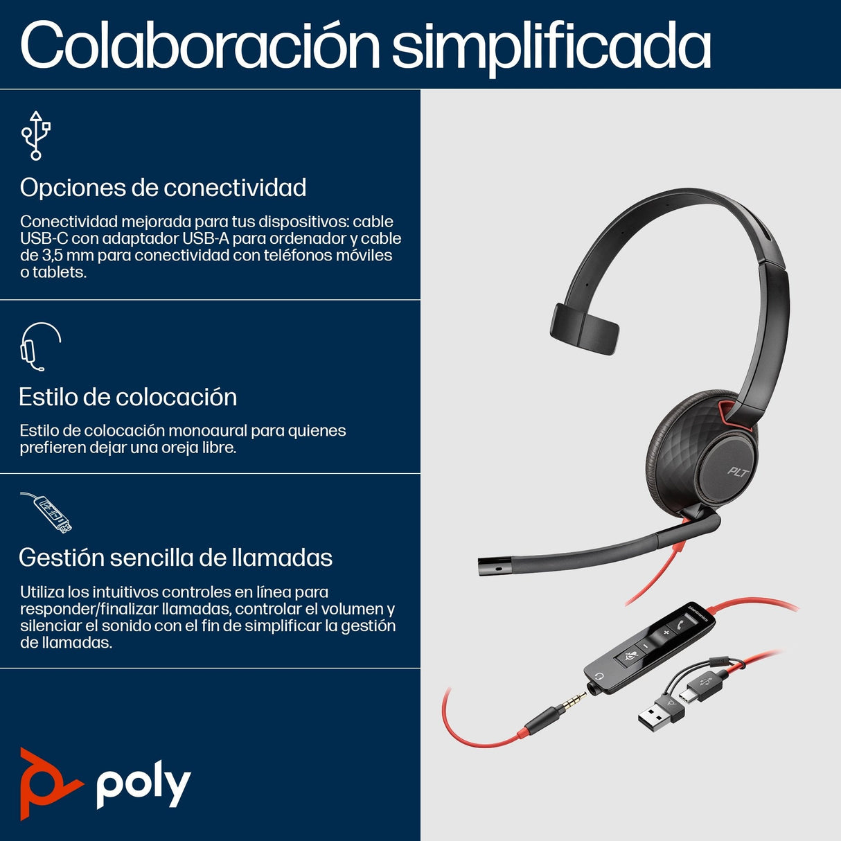 Auriculares  Poly Blackwire 5210 Monaural Usb-C + Conector De 3,5 Mm + Adaptador Usb-C/A (Paquete)