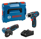 Bosch Professional Juego Profesional De 12 V Gsr 12v-15, Kit Combinado Gws 12v-76, Juego De Herramientas Azul, 2 Baterías De Iones De Litio De 2,0 Ah, L-Boxx