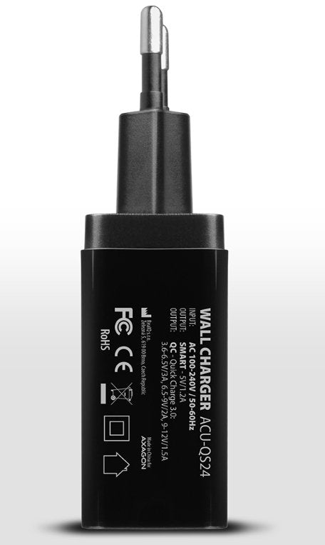 Axagon Acu-Qs24, Cargador De Red RãPido E Inteligente, 2x Puerto Usb Qc3.0 / Afc / Fcp + 5v-1.2a, 24w