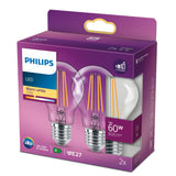 Philips Filament-Lámpara, Transparente, 60w A60 E27 X2, 7 W, 60 W, E27, 806 Lm, 15000 H, Blanco Cálido