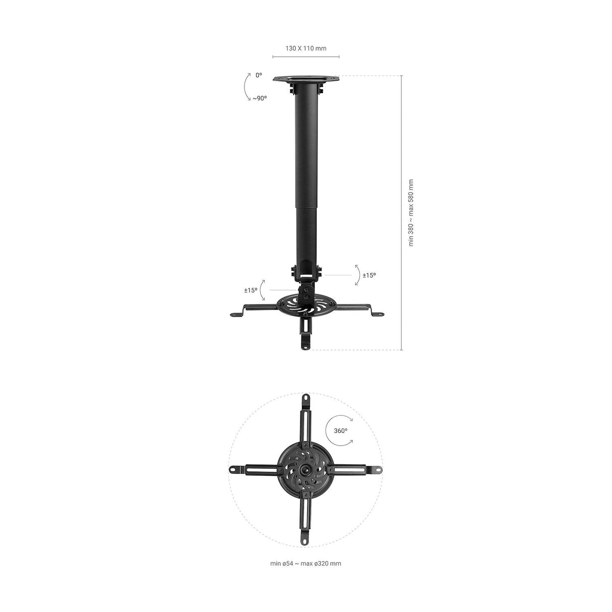 Aisens Soporte Universal Giratorio - Inclinable Y Extensible De Techo Para Proyector - Hasta 13.5kg - Negro