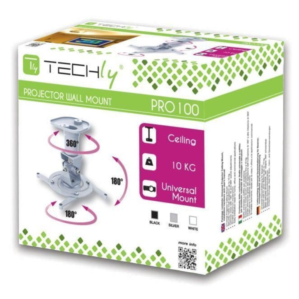 Techly 022403 Soporte De Techo Para Proyector, 10kg, 22 Cm, Con Inclinación Y Rotación Ajustable