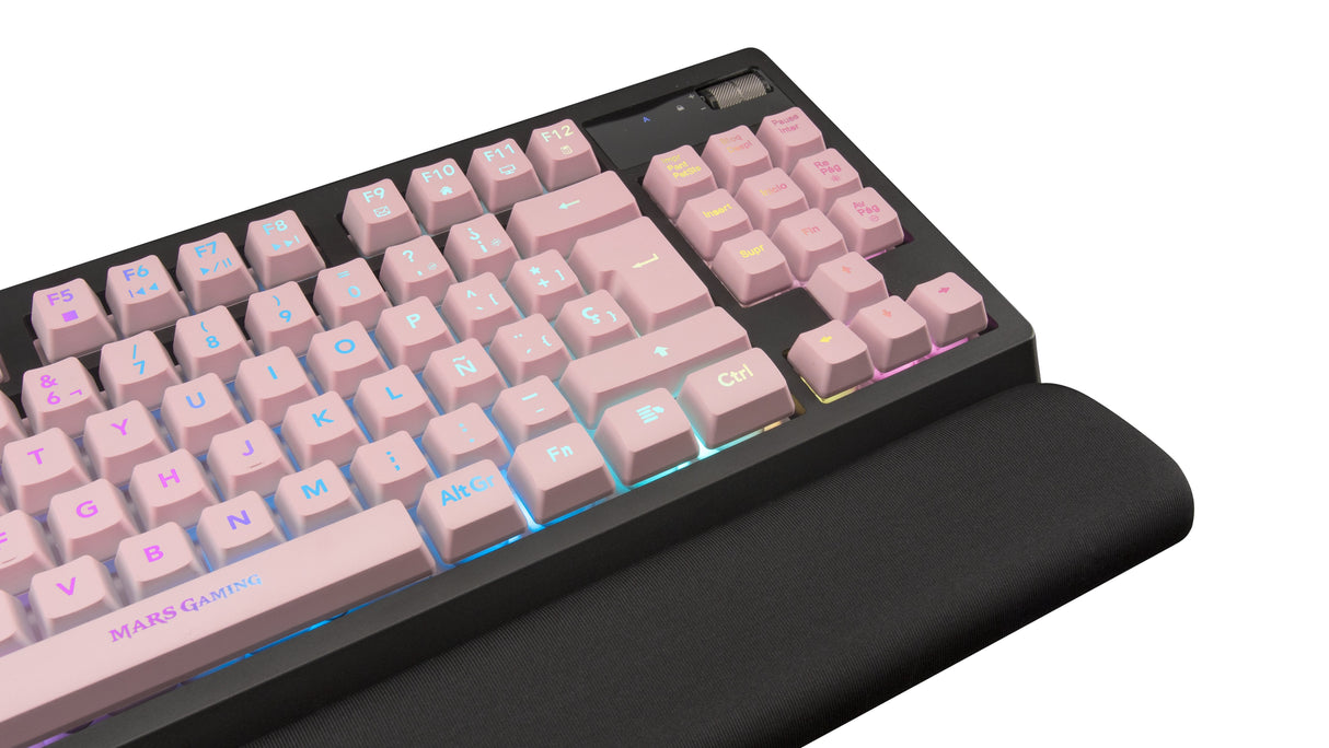 Teclado Mars Gaming Mkaxpes Pink Tecnología H-Mech Iluminación Rgb Control Reposamuñecas Gel Control Volumen Cable Usb 180cm