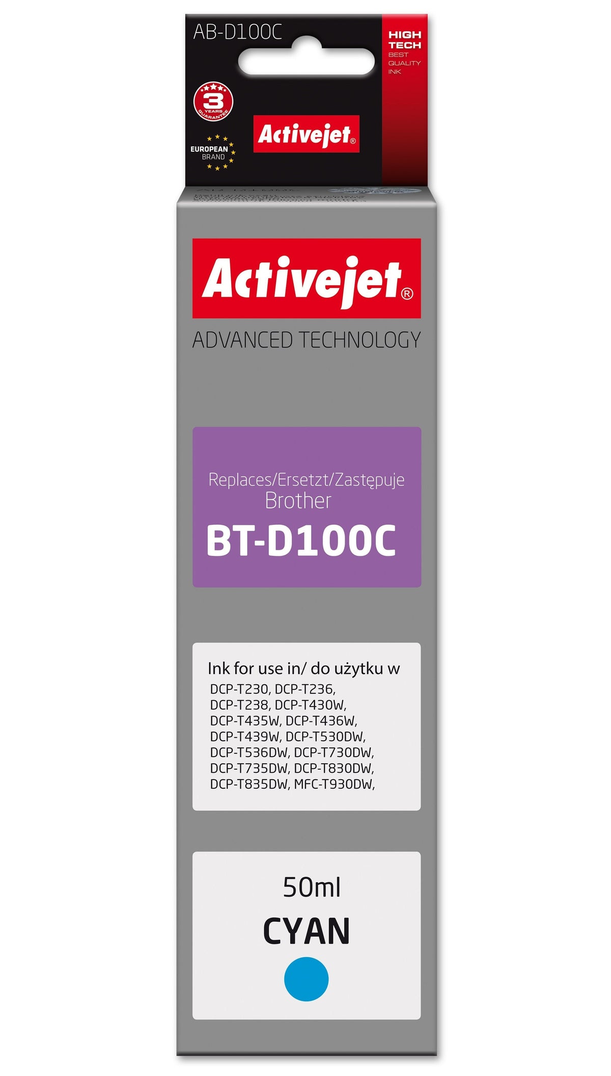 Activejet Ab-D100c: Cartucho De Tinta Para Impresora Brother, Sustituto Del Brother Bt-D100c; Supreme; 50 Ml; Azul