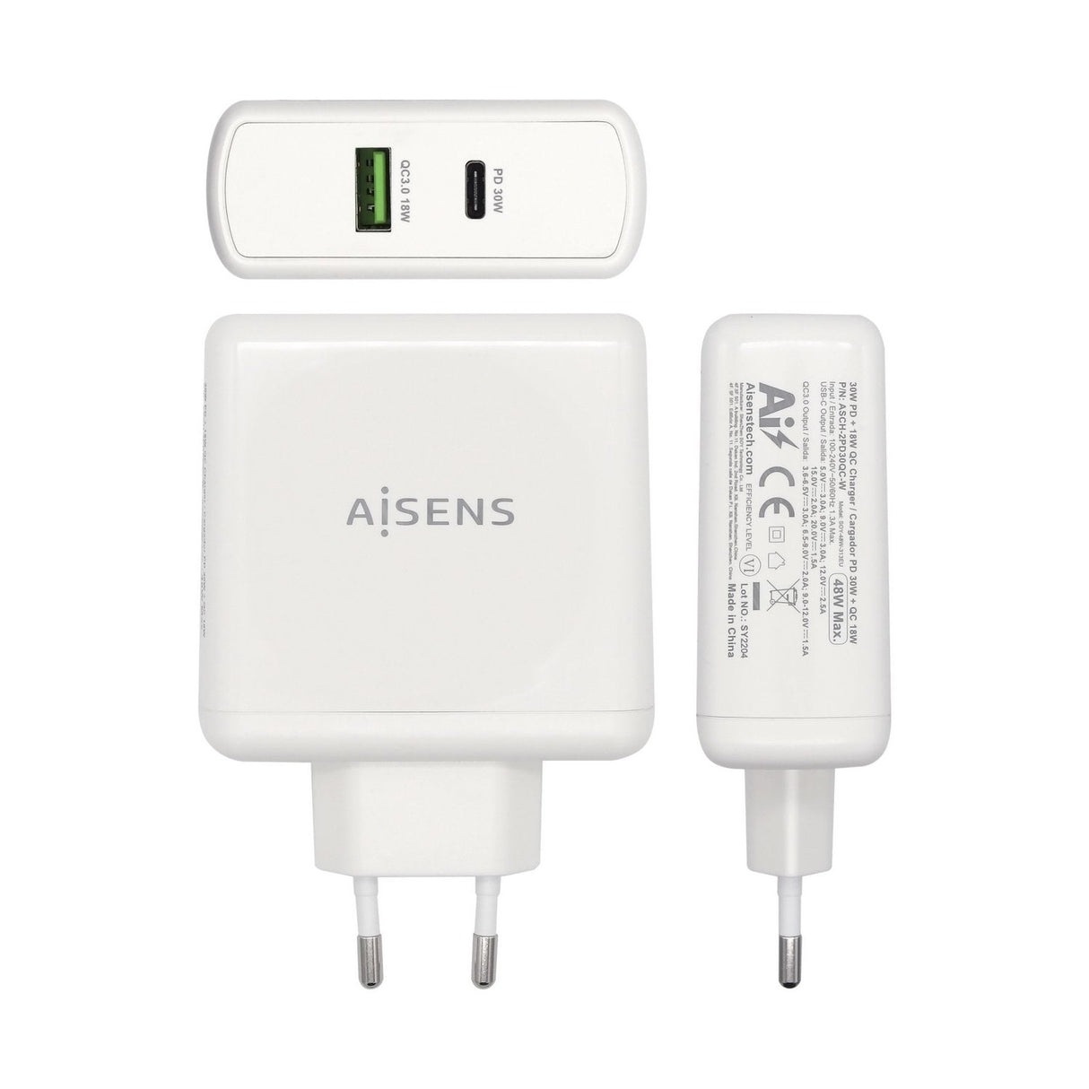 Aisens Cargador Para Smartphone 48w 1x Usb-C Pd3.0 30w, 1x Usb-A Qc3.0 18w