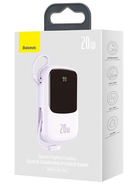 Power Bank  Baseus Qpow 20000mah, Ip, Usb, Usb-C, 20w Z Kablem Ip Fioletowy