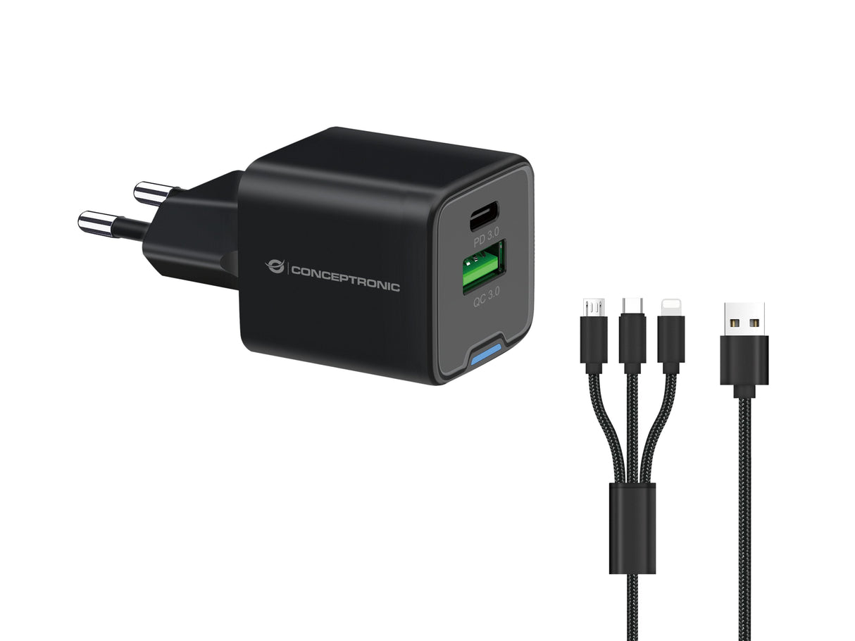 Conceptronic Cargador 2port 33w,1xusb-C,1xusb-A +3-In-1 Sw