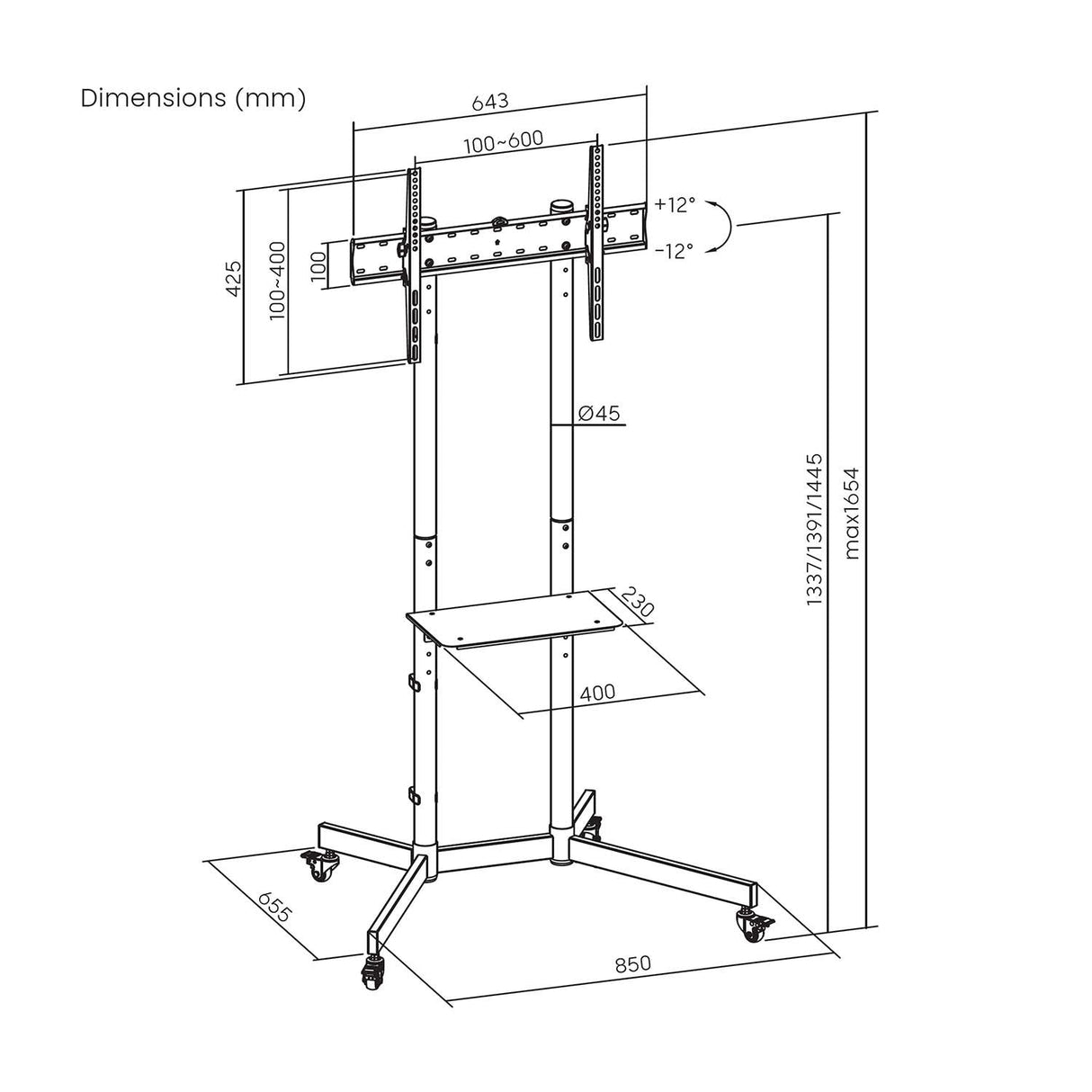 Aisens Soporte De Suelo Eco Con Rueda, Bandeja Para Dvd Para Monitor/Tv 45kg De 37-70, Negro