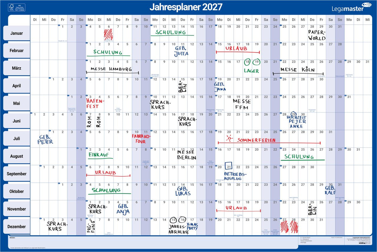 Legamaster Jahresplaner, Tageseinteilung 90,0 X 60,0 Cm