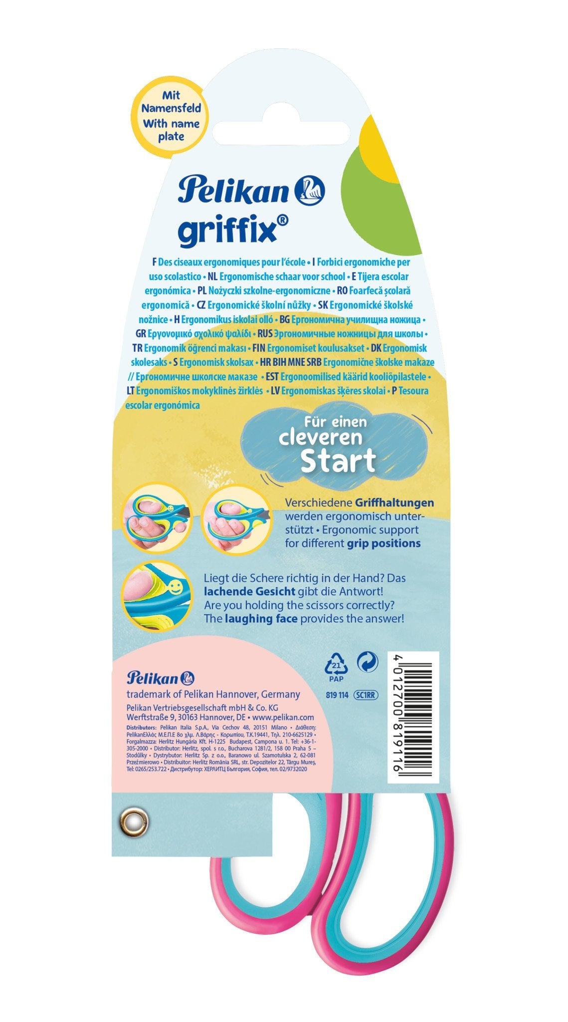 Tijera Pelikan Griffix Universal Corte Recto Azul, Rosa