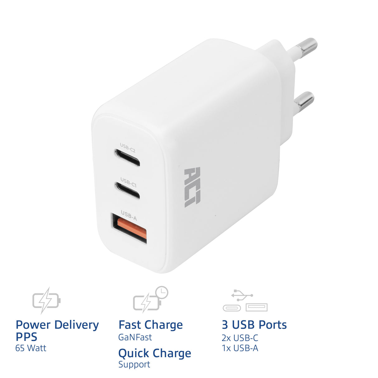 Cargador Usb-C/Usb-A De 65 W Y 3 Puertos Con Power Delivery Pps, Quickcharge Y Ganfast