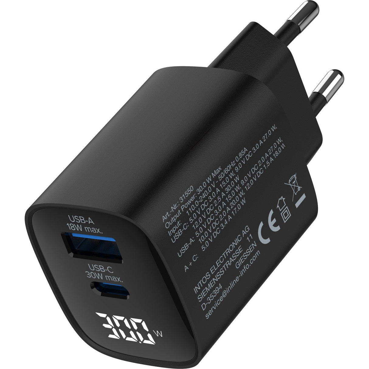 Inline® Usb Pd Power Supply, Gan Charger, 2-Port, Usb-C + Usb-A, 30w, W/ Display