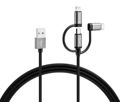 Varta Cable, Usb-A/Micro/C/Lightning, 3 En 1, 2m 12w, 480mbit/S, Negro