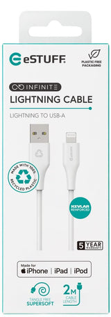 Infinite Usb-A To Lightning - Cable Mfi 2m White. Recycled - Plastic. Super Soft - Warranty: 60m