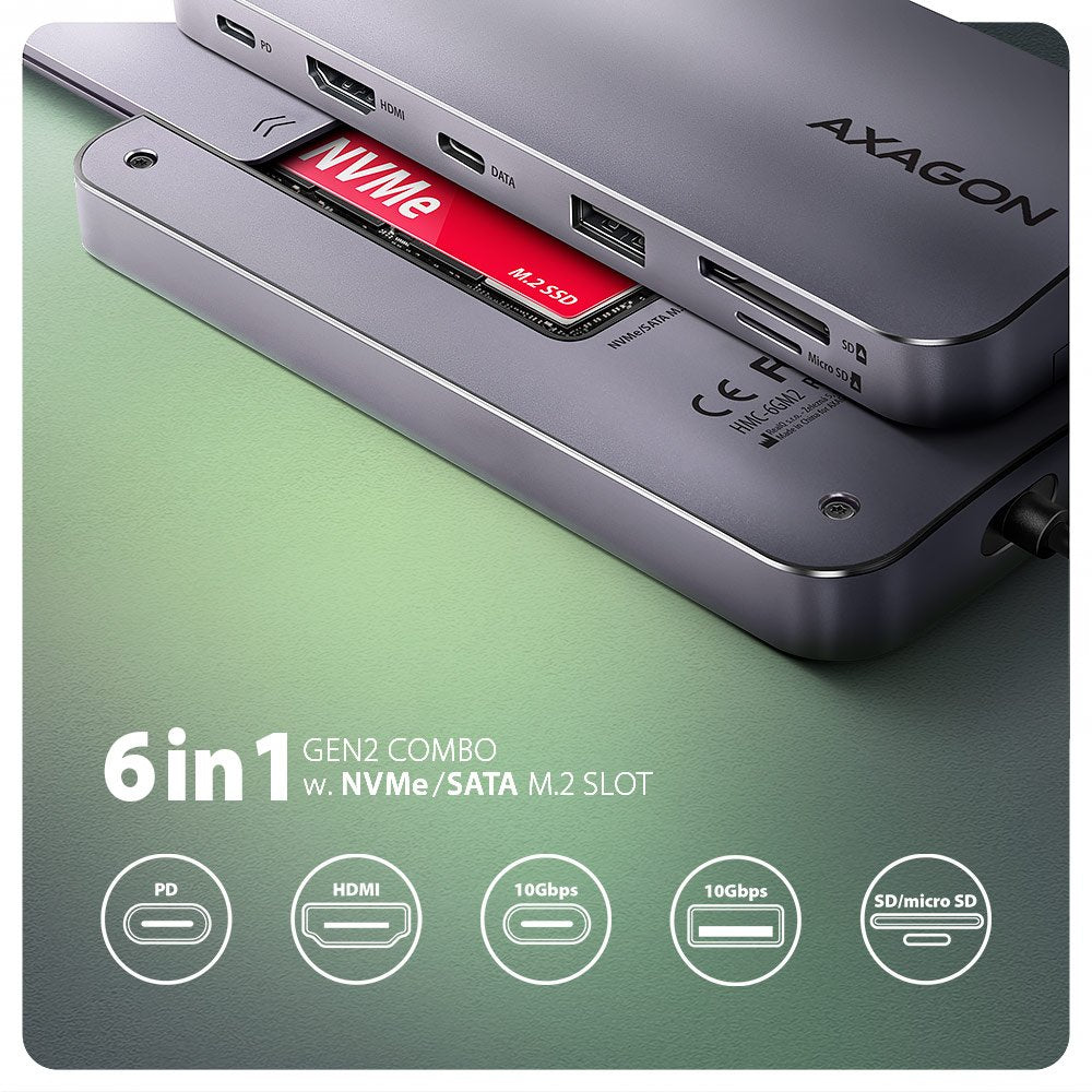 Hub Axagon Hmc-6gm2 Multiport Usb-C 3.1, M.2-Nvme/Sata, Hdmi, Gbit-Lan, 1x Usb-A, 1x Usb-C, Cr