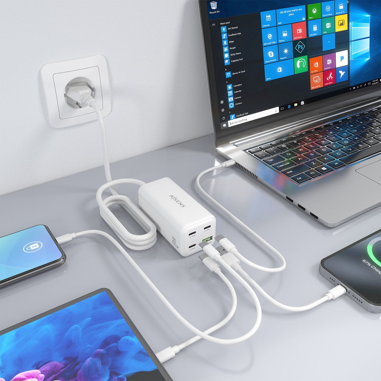 Aisens Cargador Sobremesa Gan 100w, 3xusb-C Pd3.0 Qc4.0 Qc5.0, 1xusb-A Qc3.0, Blanco