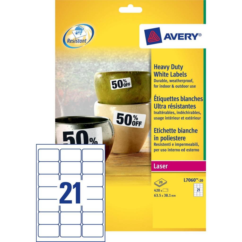 Avery L7060-20 Resistant Labels 20 Sheets - 21 Labels Per Sheet