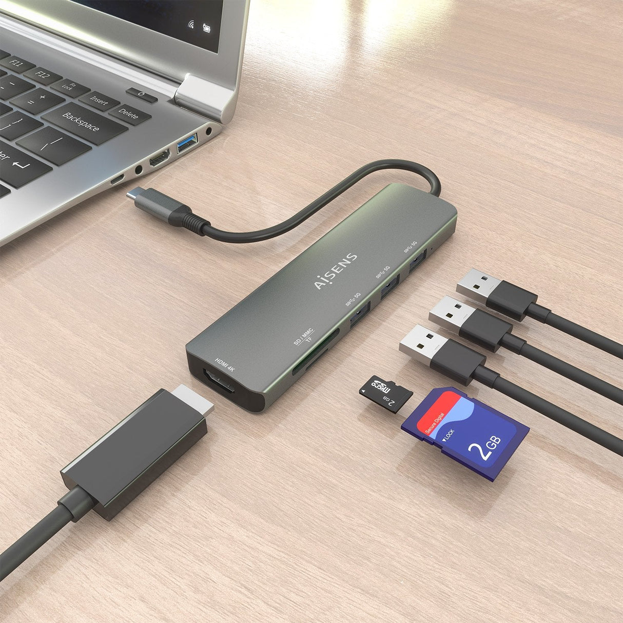 Aisens Usb-C Dock 6 En 1, Usb-C A 1xhdmi, 3xusb-A, 1xsd, 1xmicro Sd, Gris, 15cm