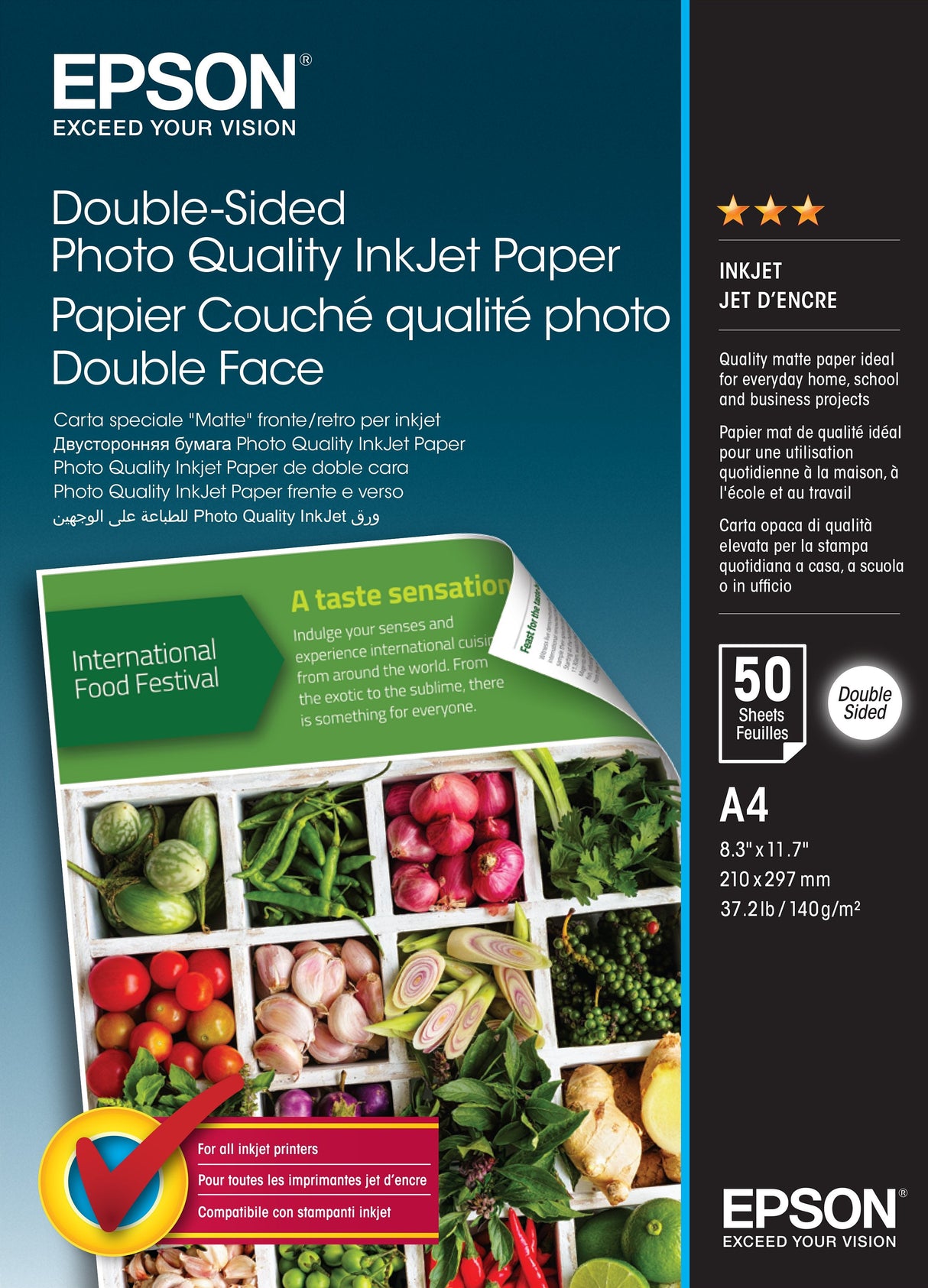 Epson Double-Sided Photo Quality Inkjet Papermatea4 (210 X 297 Mm)140 G/M50 Hoja(S) Papel Fotogrfico Brillantepara Ecotank Et-16500, 2750, 3700, 3750, 4750, 7700, 7750, Expression Premium Xp-6000, 6005