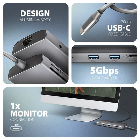 EAN 8595247907523 - Axagon HMC-8HLSA base para portátil y replicador de puertos Alámbrico USB 3.2 Gen 1 (3.1 Gen 1) Type-C Gr imagen 4