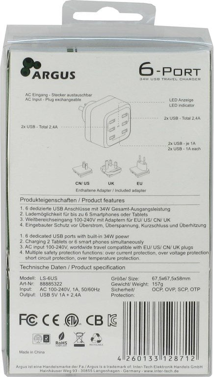 Inter-Tech Cargador Argus Ls-6us 80mm Usb 5v Toma De Corriente