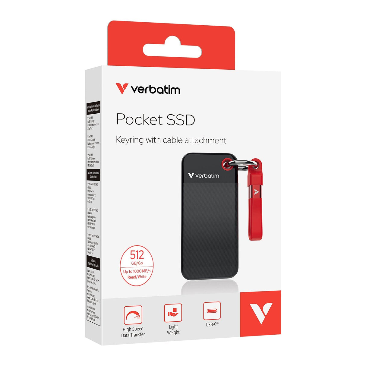 Verbatim Ssd 512gb, Usb 3.2, Tipo-C, Pocket, Negro/Rojo