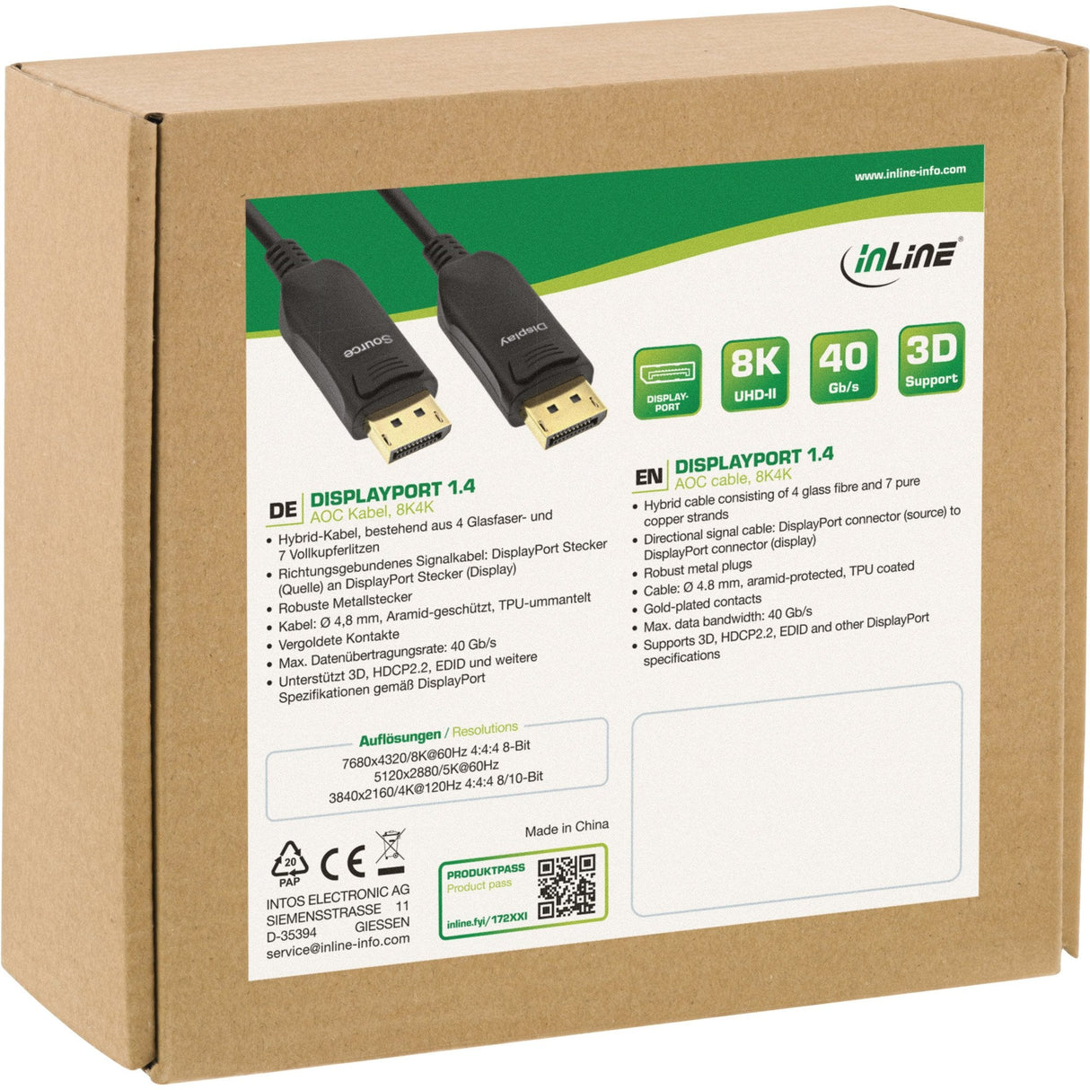 Cable Inline Displayport 1.4 Aoc Activo, 8k4k, Negro, Dorado, 10 M