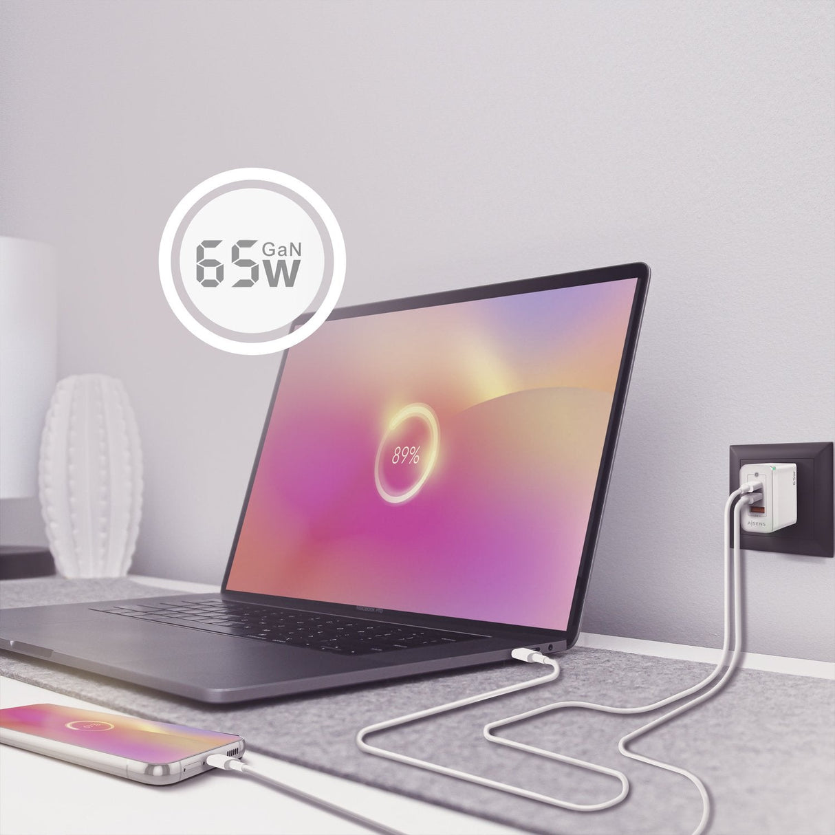 Aisens Cargador Gan 65w - 2xusb-C Pd3.0 Qc4.0 - 1xusb-A Qc3.0 - Blanco