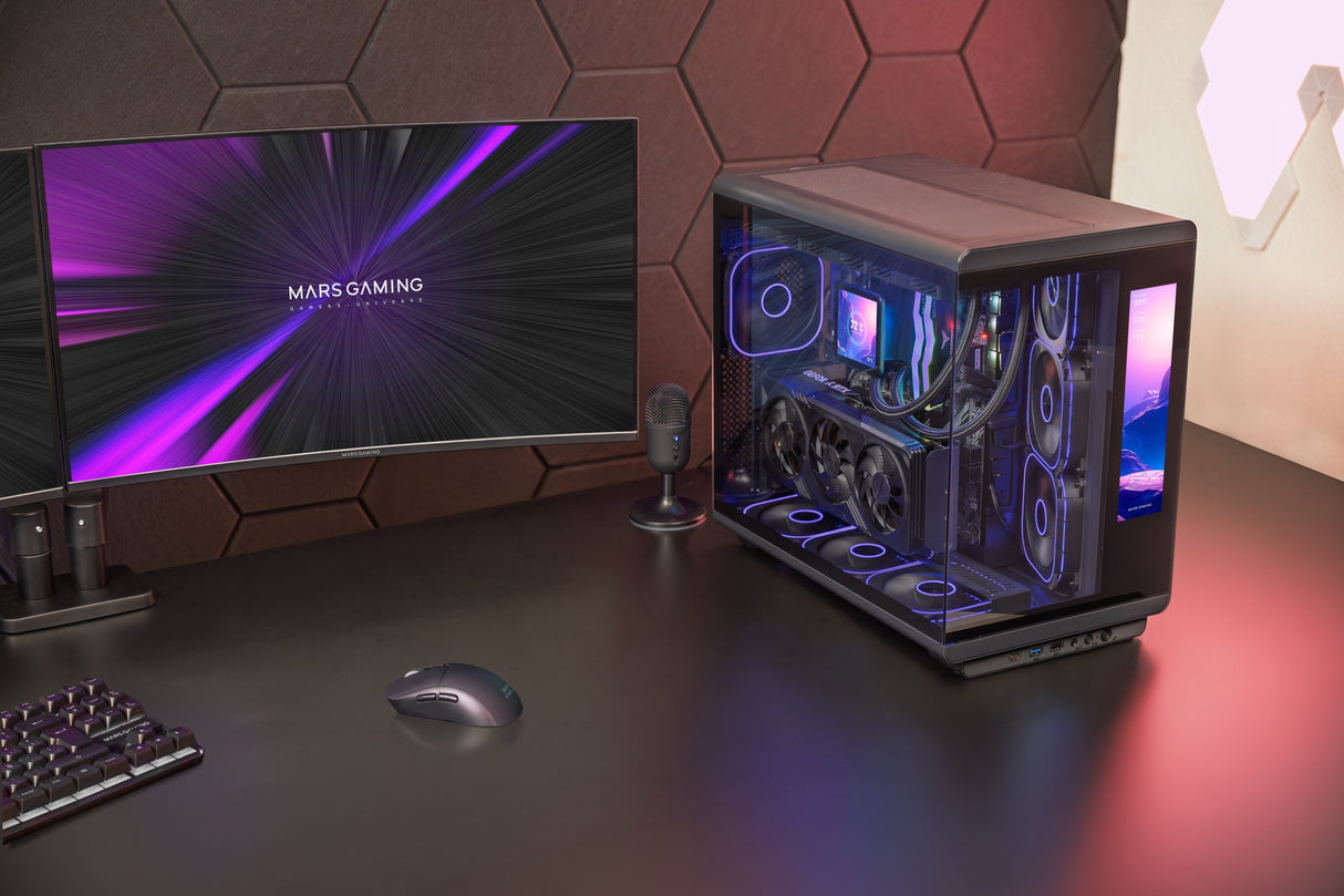 Caja Pc  Atx Mars Gaming Mc-Revmax Pantalla Lcd 11.8" Cristal Templado 4x Ventiladores Argb Negro