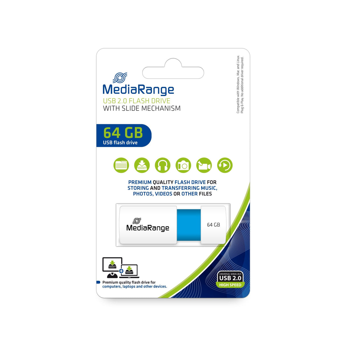 Memoria Usb Mediarange 64gb Usb 2.0 Color Edt. Azul Claro