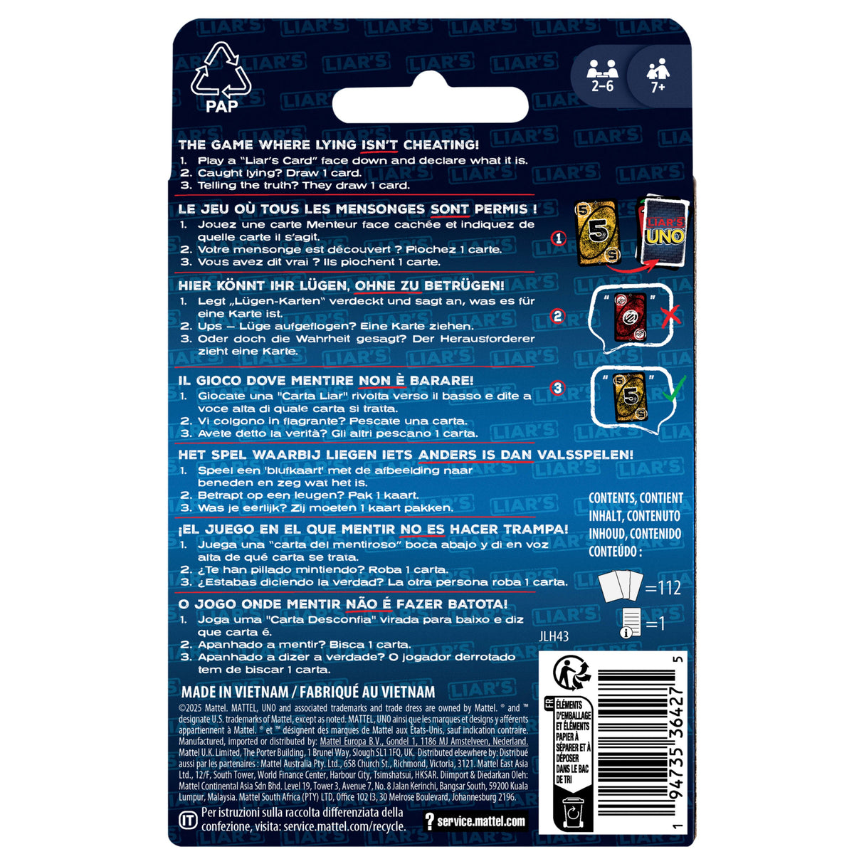 EAN 0194735364275 - Games JLH43 juego de tablero Liar's UNO Juego De Cartas Perder las cartas imagen 6
