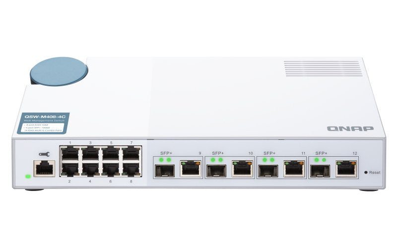 Switch Gestionable Qnap Qsw-M408-4c 12 Puertos (4*Puertos Combinados Sfp+/Rj45 Gigabit + 8*Rj45) Consola Rj45 Con Ventilador Formato Sobremesa