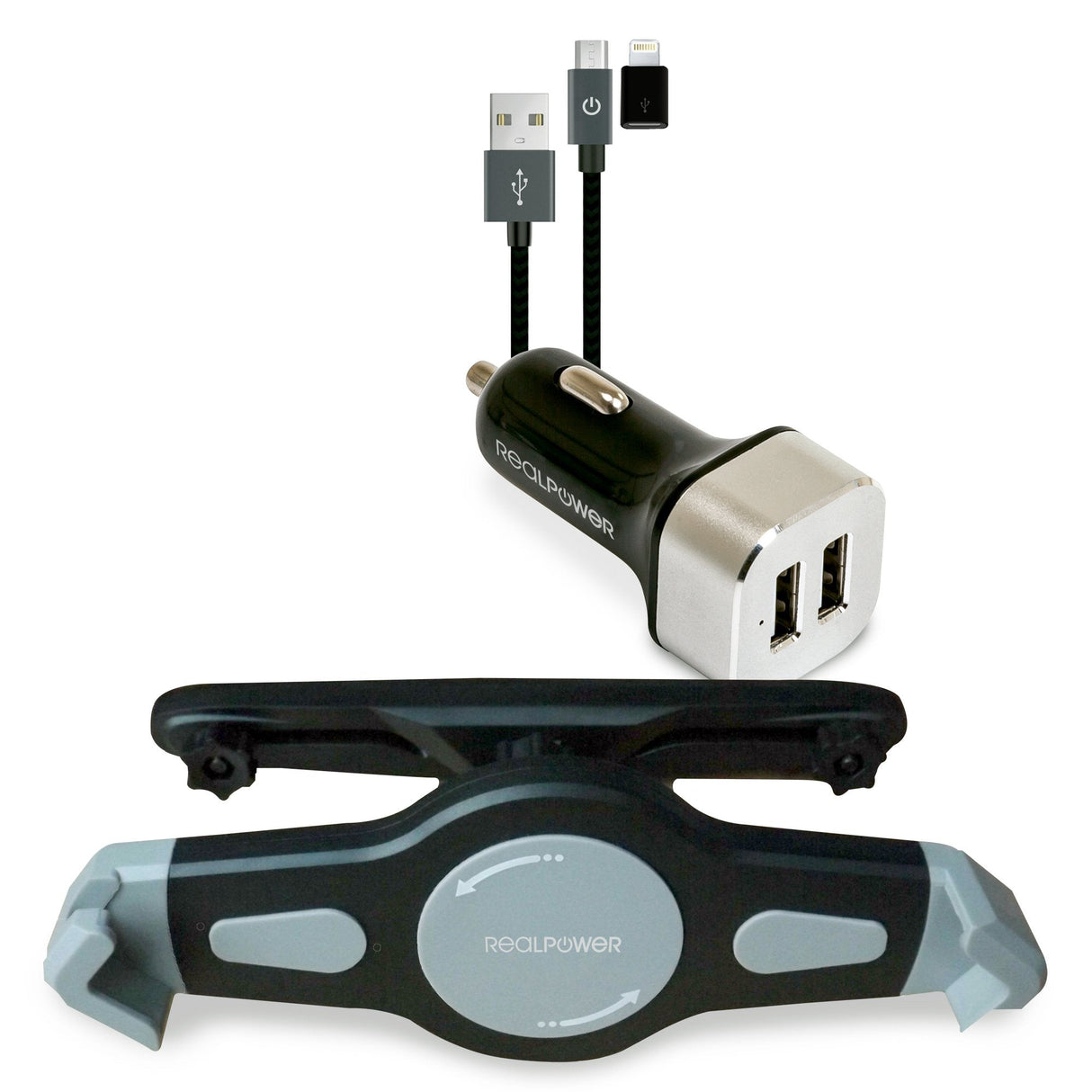 Set De Cargador De Coche Realpower + Cable + Soporte Para Tablet