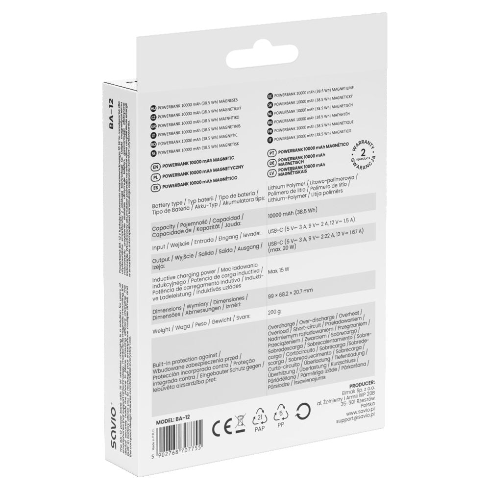 Savio Powerbank Ba-12 10000 Mah, Negro, Magnético