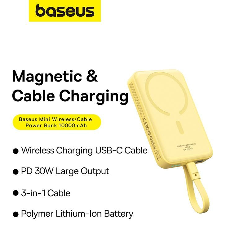 Baseus Power Bank 10000mah 30w Magsafe Magnetic Wireless Mini Fast Charge With Cable Type-C Lemon Yellow P1002210by23-00