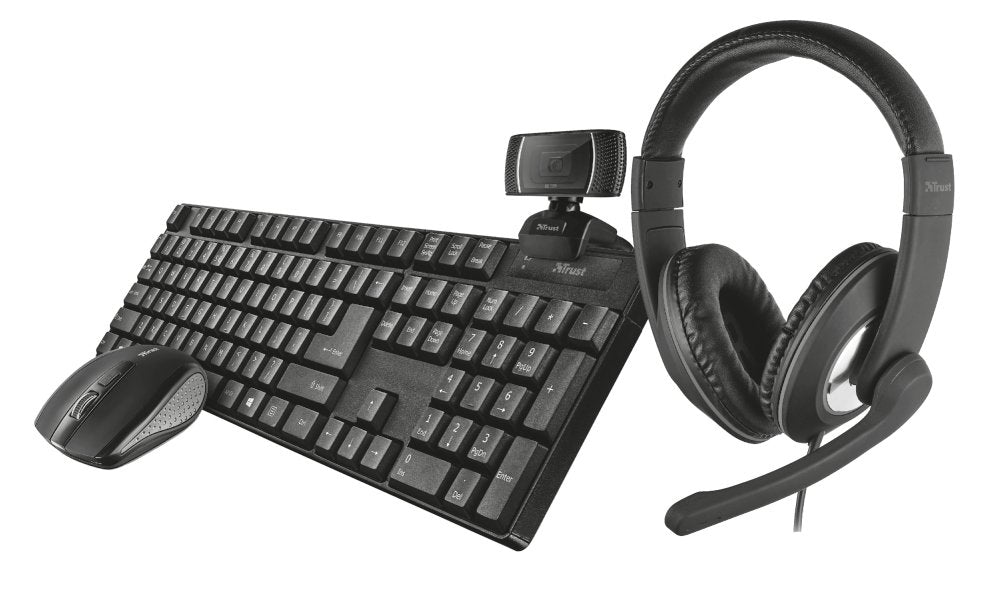 Pack 4 En 1 Trust Qoby Home Office Set Webcam Hd 720p Teclado Inalámbrico Ratón Inalámbrico Auriculares Con Micrófono