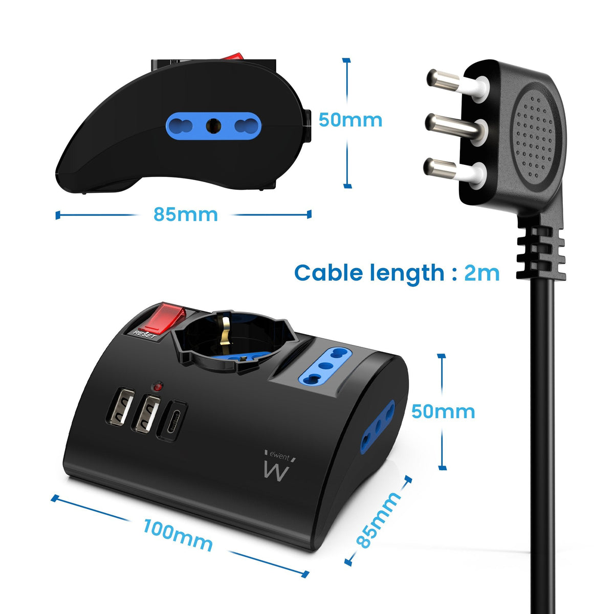 Ewent Regleta Con 6 Tomas De Sobremesa - 2 Tomas L + 1 Toma L/F (Schuko) - 2x Usb-A - 1x Usb-C - Enchufe Italiano Plano