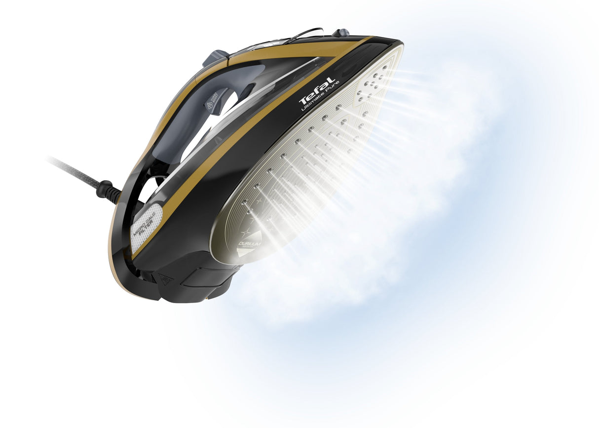 Plancha Tefal Ultimate Pure Fv9847e0  Vapor-Seco Suela De Durilium Airglide 3200 W Negro, Oro