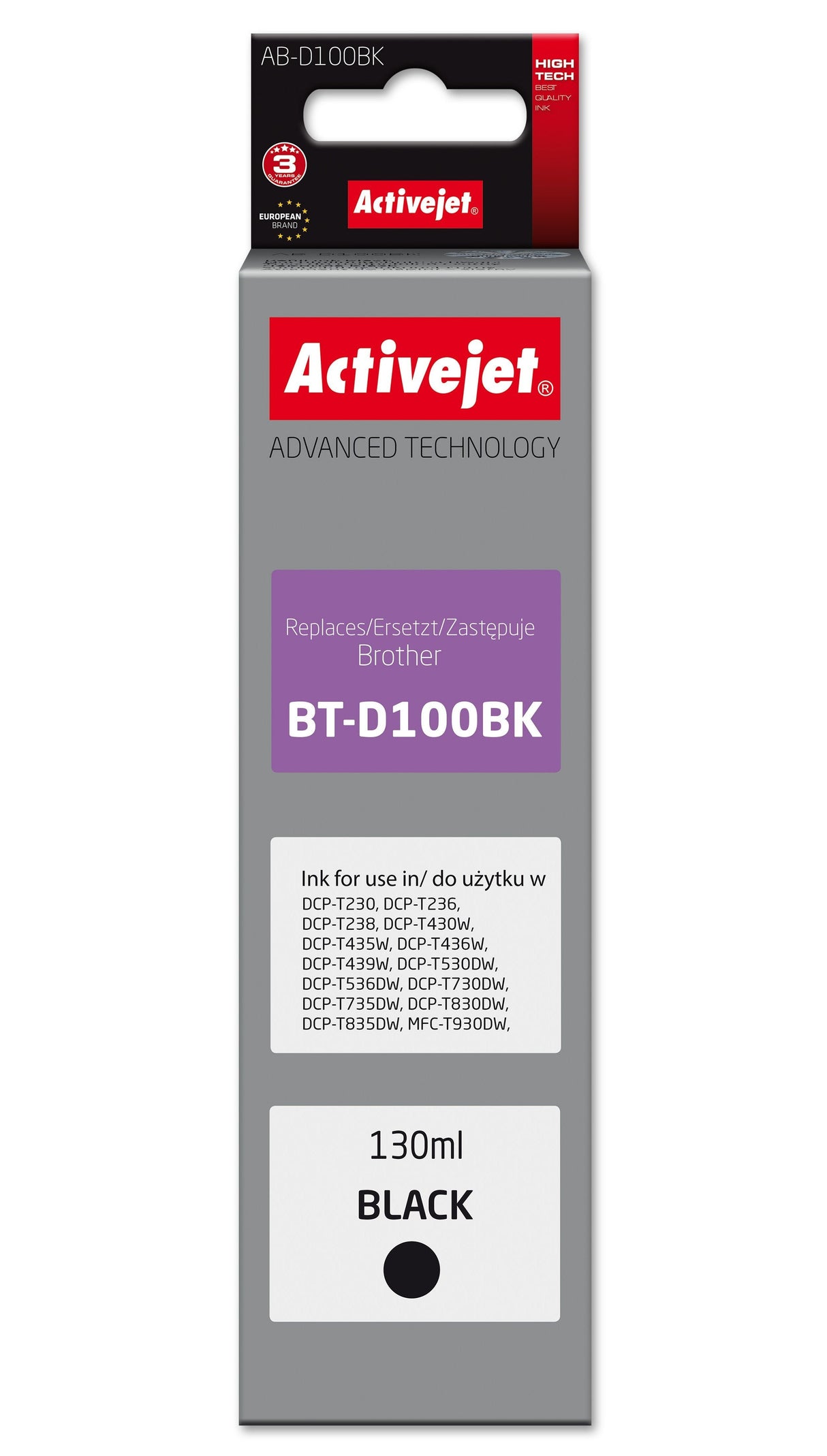 Activejet Ab-D100bk: Cartucho De Tinta Para Impresora Brother, Sustituto Del Brother Bt-D100bk; Supreme; 130 Ml; Negro
