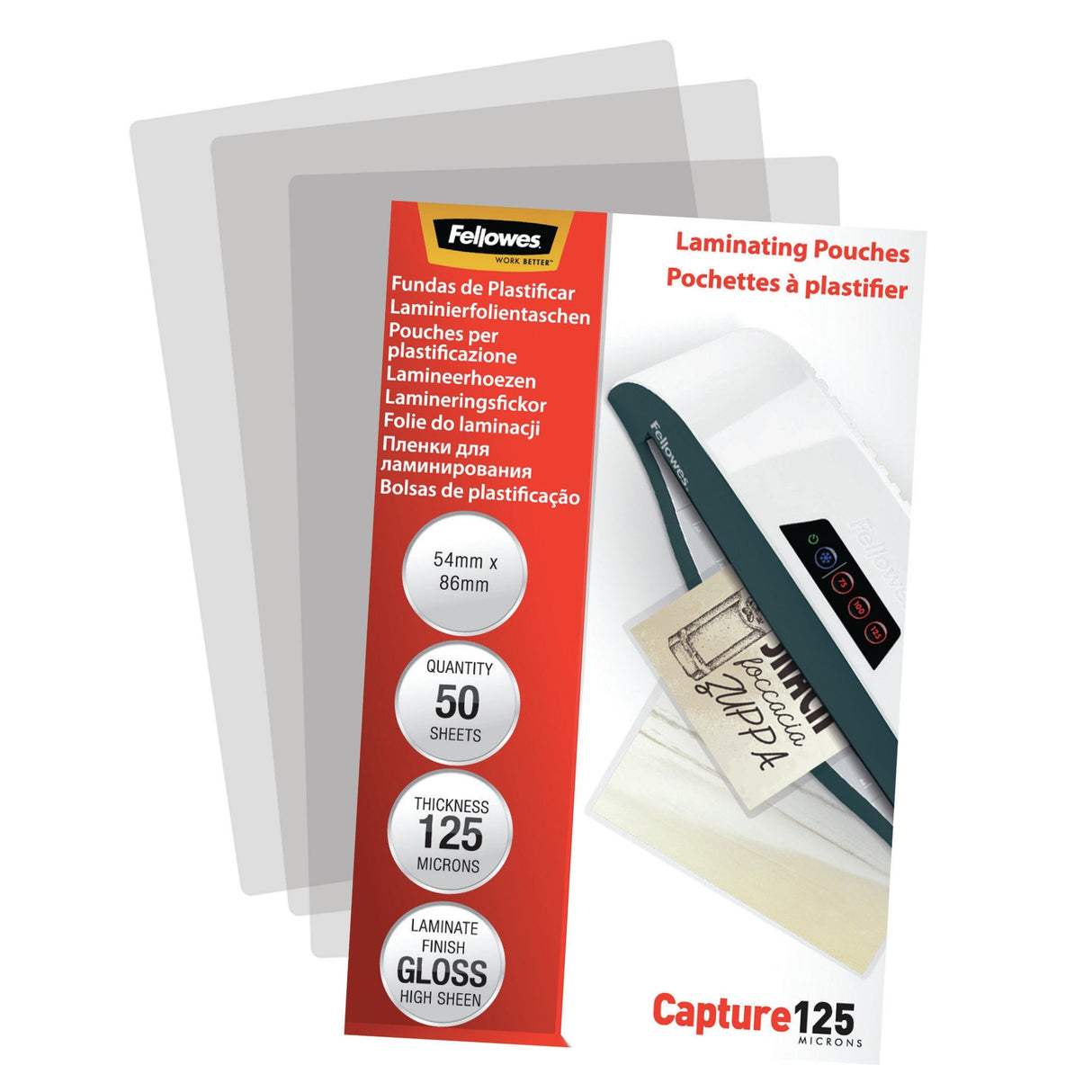 Fellowes Glossy 125 Micron 50pcs Card Laminating Pouch - 54x86 Mm