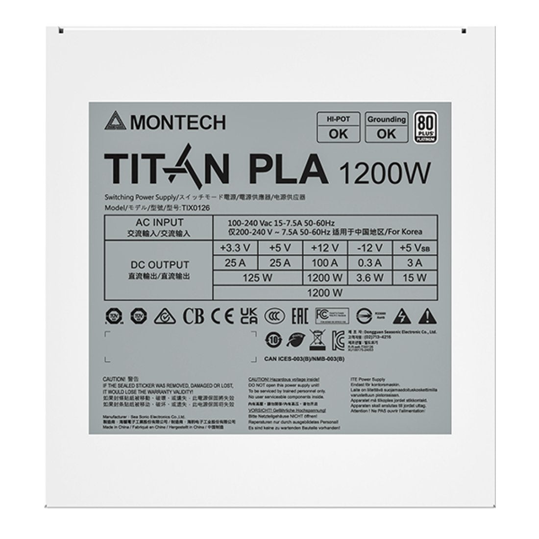 Montech Titan Pla 1200w - 80 Plus & Cybenetics Platinum Netzteil, Modular, Pcie 5.1 - 1200 Watt, Weiss