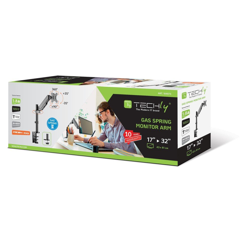 Soporte De Escritorio Giratorio De Resorte De Gas Techly Ica-Lcd 515b Para Monitores Lcd De 17-32", 8kg