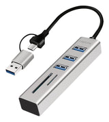 Hub Usb 3.0, 3 Puertos Usb-A, Ranura Sd/Microsd, Cable De Conexión 2 En 1, 5 Gbit/S, Plateado