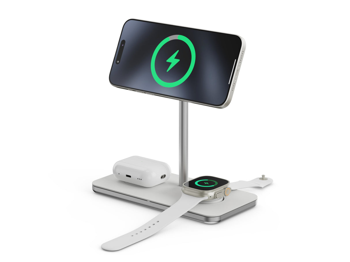 Soporte Base De Carga Inalambrico 3en1 Magsafe Plata Linq Carga Magnética Qi2/ Certificación Mfi Para Apple Watch