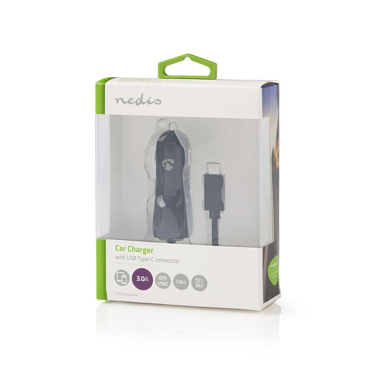 Nedis Cargador De Coche  3,0 A   1 Salida  Usb-C Cable Fijo Blister  Negro